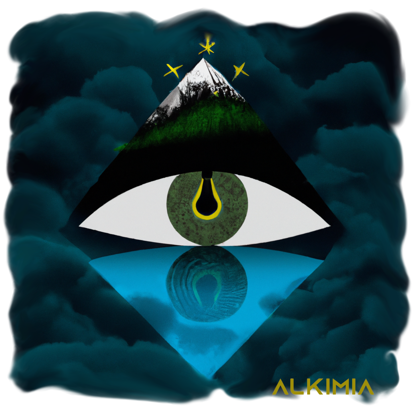 All seeing eye under a starry sky on a lake surrounded by a shadow of mountains picture