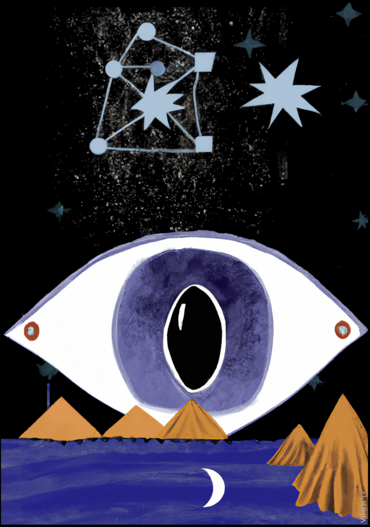 Egyptian eye under a starry sky on a lake surrounded by a shadow of mountains