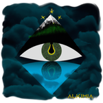All seeing eye under a starry sky on a lake surrounded by a shadow of mountains picture 