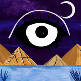 Egyptian eye under a starry sky on a lake surrounded by a shadow of mountains