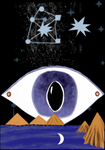 Egyptian eye under a starry sky on a lake surrounded by a shadow of mountains 